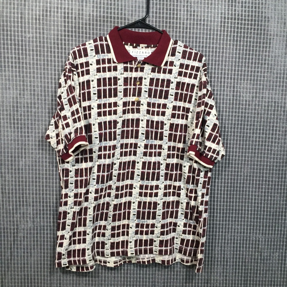 Fizzaro‎ Collection Mens XL Polo Shirt Burgundy Cream Geometric Grid 100% Cotton